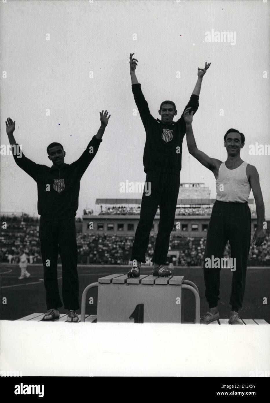 Mar. 27, 2012 - International Athletic Meeting in Budapest with US and Czechoslovak Participation. Photo shows Winners of the 400 meters hurdle race for men - From left to right: I.Davis /USA/ who set up a new world/II. Culbreath /USA/ and III. Lombos /Hungary/ Stock Photo
