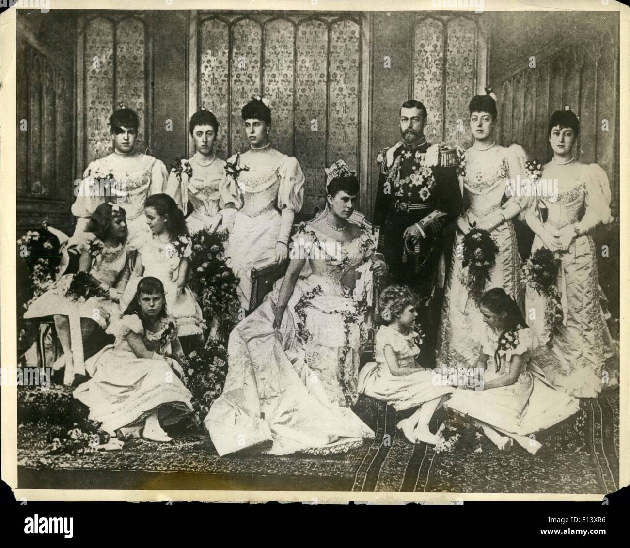 Mar. 27, 2012 - King George And Queen Mary And Bridal Party---- An interesting photograph of King George and his bride with bridesmaids, on the occasion of their wedding July, 6 1893. Stock Photo