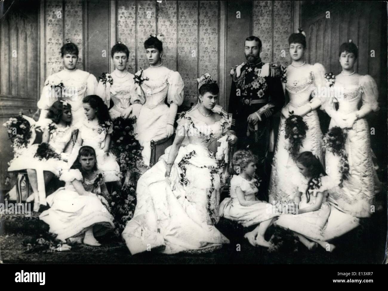 Mar. 27, 2012 - A flashback in the 90's Prince George's Wedding to Mary 1893; Back row left to right Princess Alexandra of Edinburg, Princess Victoria of Schleawig Holstein, Princess Victoria of Edinburg, Prince George (later King George V) Princess Victoria of Wales, and Princess Maud of Wales, (Later, Queen Maud of Norway). Second row , Princess Alice of Battenburg, Princess Margaret of Connaught, Princess may (the bride) of tech, front row Princess Beatrice of Edinburgh, Princess Victoria of Battenburgh, and Princess Victoria Patricia of Coannaught. Stock Photo