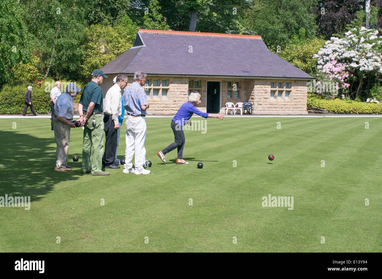 People playing crown green bowls in Roundhay Park, Leeds, West Yorkshire, England, UK Stock Photo