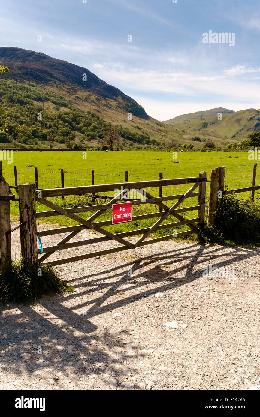 Gate with sign banning camping in the field, Buttermere, the Lake District, Cumbria, Uk. Stock Photo