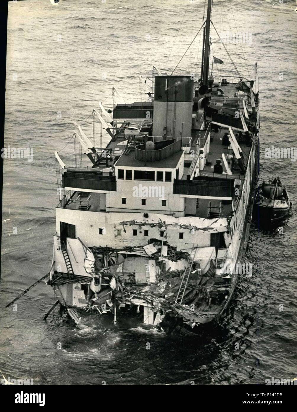 Apr. 04, 2012 - The British Railways Steamer :Duke Of York'' had her bow cut away when in Collision early today with the American Ship ''Haiti Victory'' in the North Sea East of Harwich. Photo Shows Today's aerial view of the ''Duke Of York'' with her bow cut away. Stock Photo