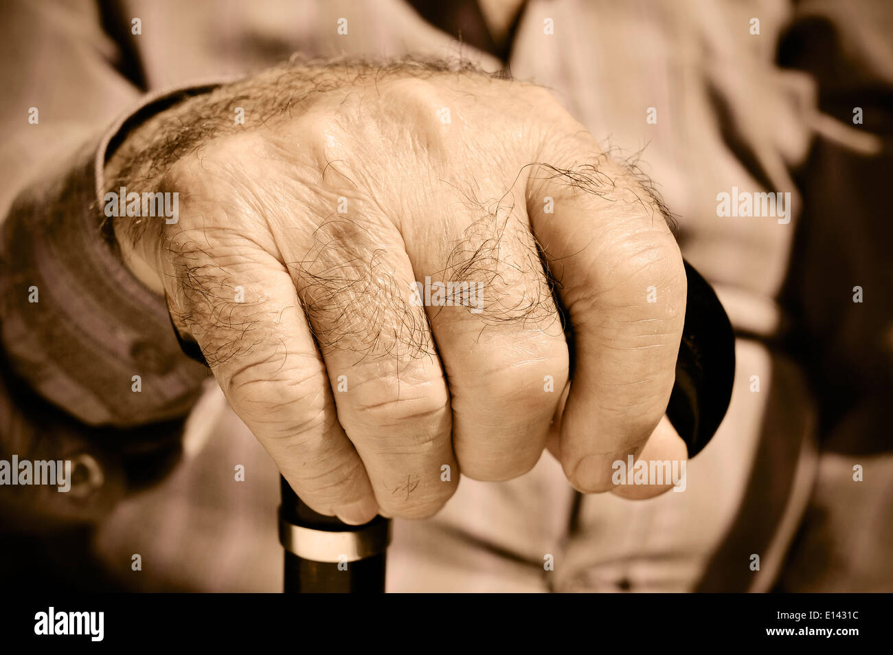 closeup of the hand of an old man with a walking stick Stock Photo
