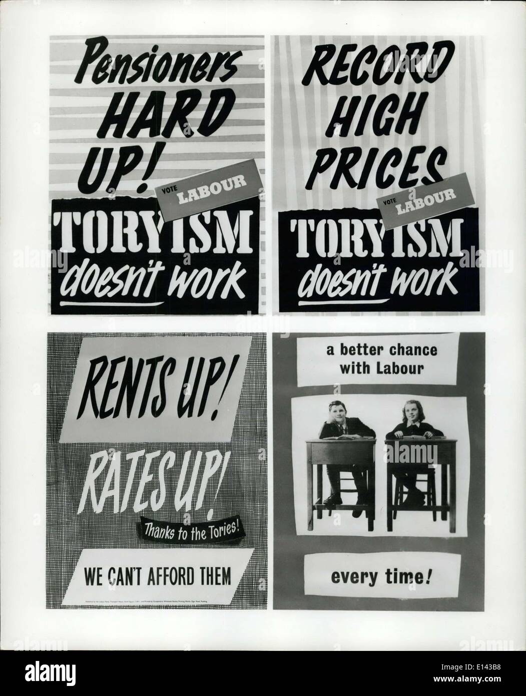 Apr. 04, 2012 - Party Posters: On Thursday (May 26th) the British people choose their rulers in a General Election. 630 seats in Parliament depend on what they have to say. Here are some poster arguments presented by the two leading parties, Consevative and Labor. Photo shows Four Labor Party posters. Stock Photo