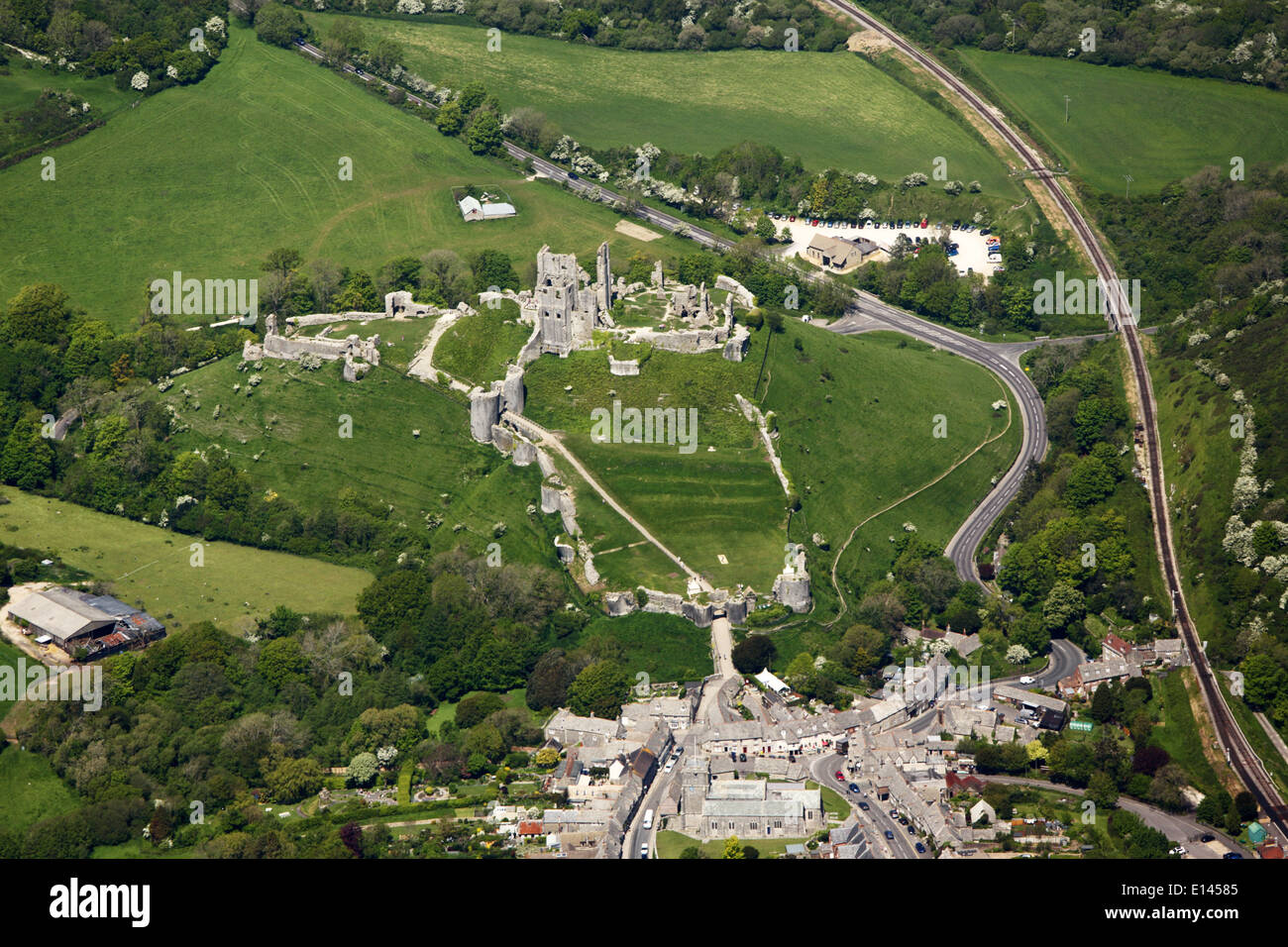 Corfe Castle Aerial View Stock Photo