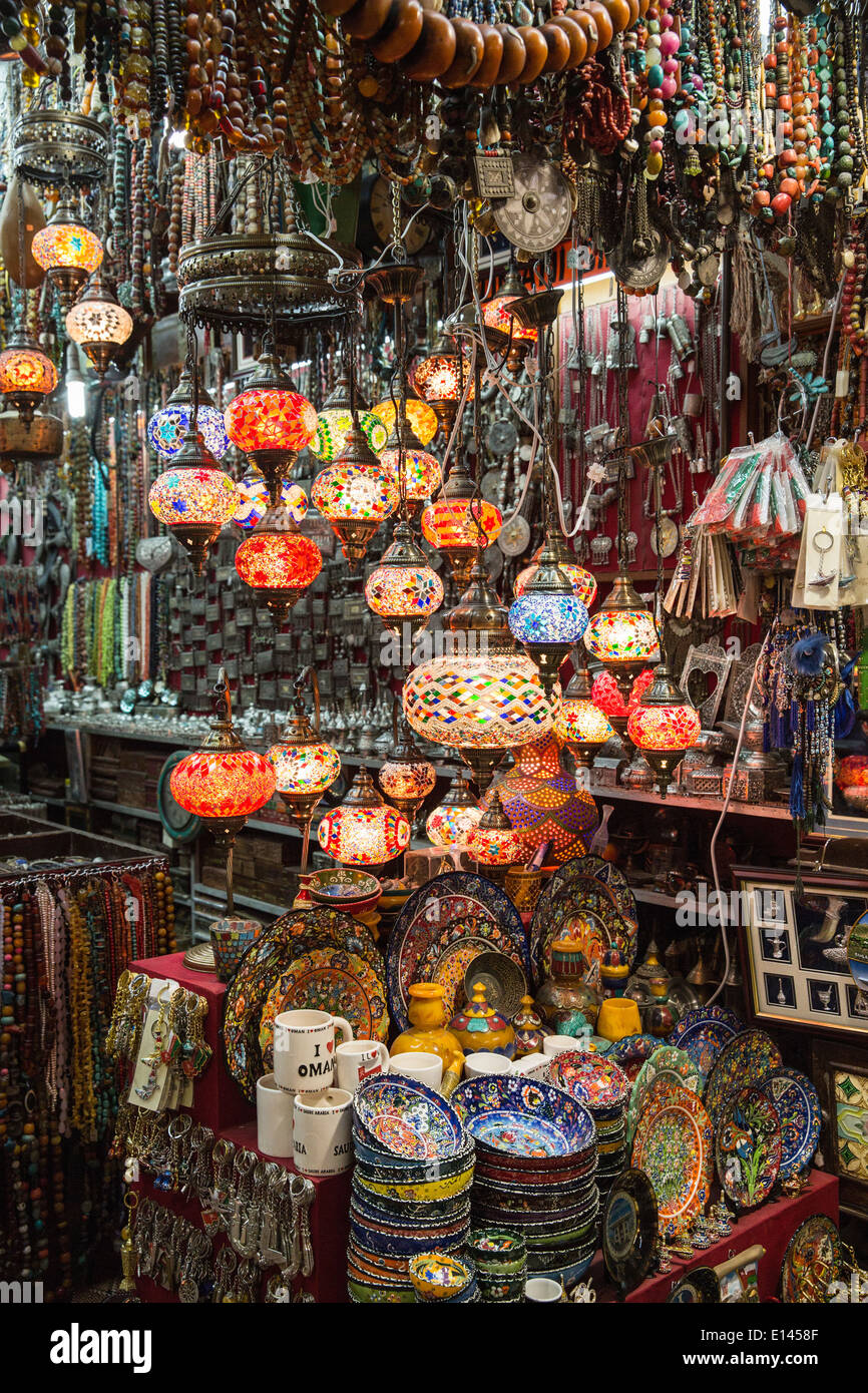 Oman, Muscat, Mutrah old city center and soukh. Lamp and souvenir shop Stock Photo