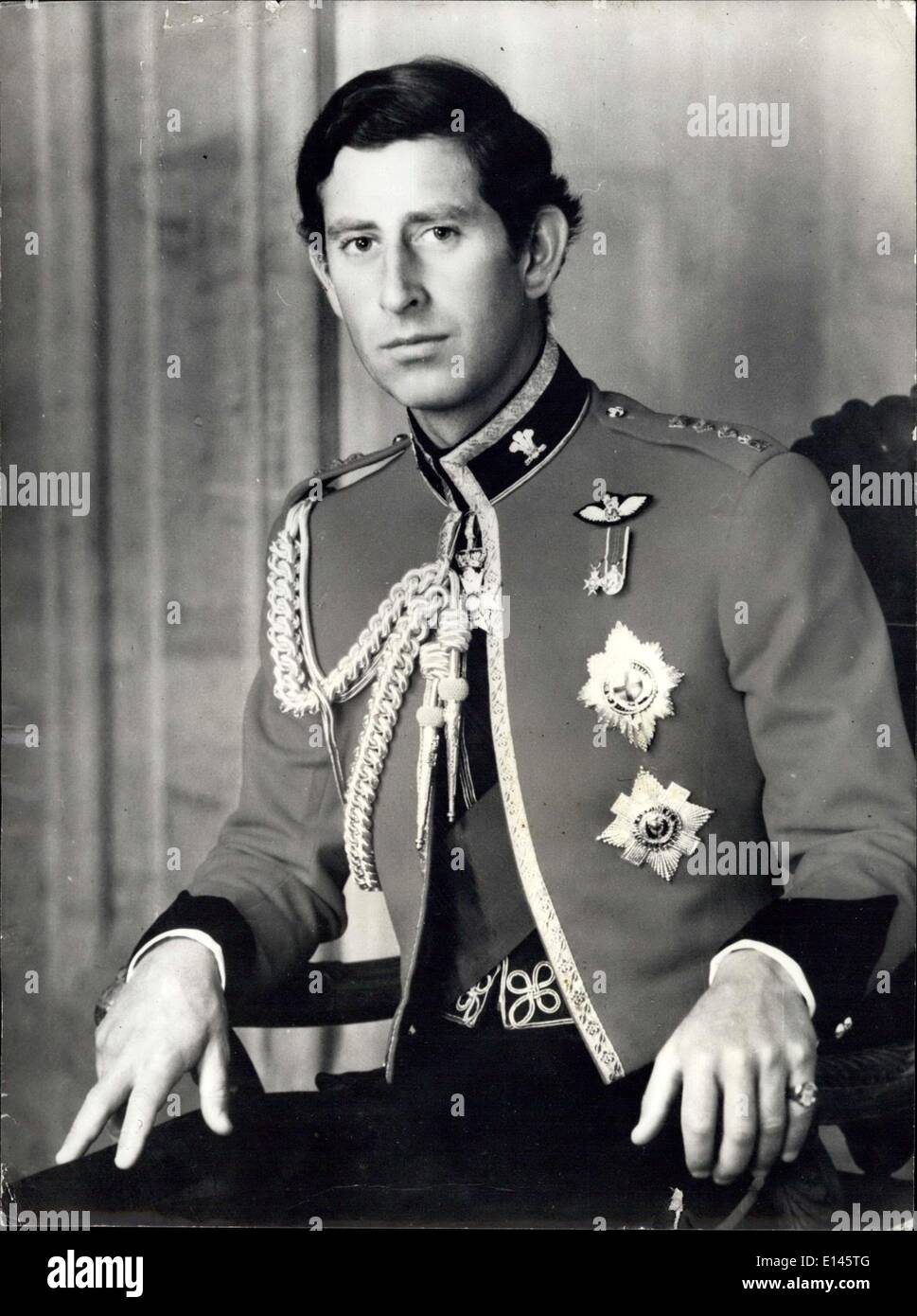 Apr. 05, 2012 - For First Publication Monday 17th October 1977 - HRH The Prince of Wales - Photographed at the Grand Hall, Windsor Castle Wearing the Uniform of the Colonel-in-CHief of the Royal Regiment of Wales, mess dream, His decorations are: from top to bottom, militring nature medal of the Order of the Bath, Minature Cernation Medal, the Star of the Order of the Garter, the Star of the order of the Thistle, and the Blue Garter Sach. The Prince of Wales is Visiting the USA From teh 18th to the 30th of October, and Australia from the 1st to the 11th of November. Stock Photo