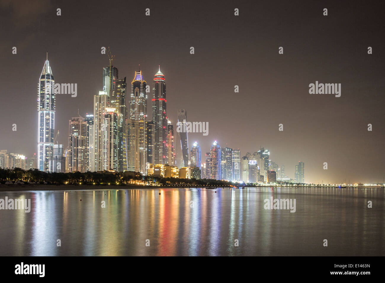 United Arab Emirates, Dubai, Dubai Marina Bay. Luxury apartment buildings and hotels. Twilight Stock Photo