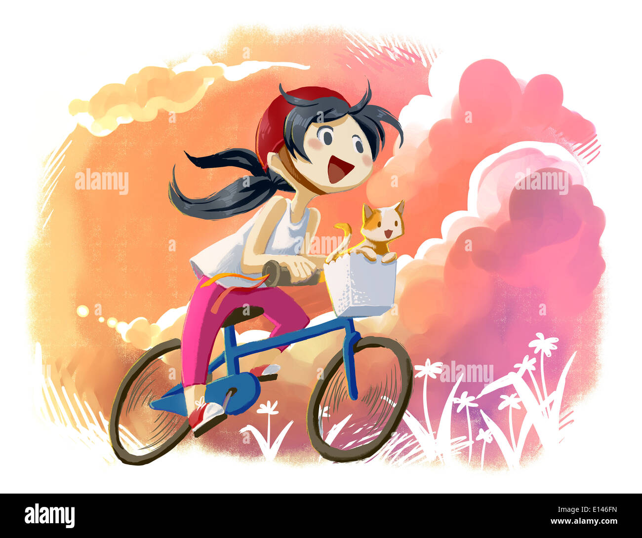 Illustration of girl with cat riding bicycle Stock Photo - Alamy