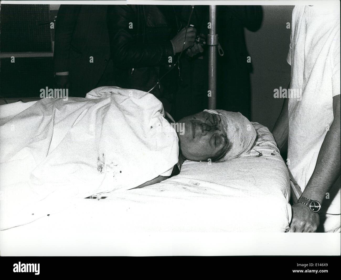 Apr. 16, 2012 - One woman killed and about thirty persons seriously injured in bomb blast. Milan 17 May 1973: At the occasion of the unveiling germany of the bust of police commissioner Luigi Calabresi who was murdered a year ago, a criminal threw a bomb into the crowd. Photo shows One of the many seriously wounded persons immediately upon arrival at the milan first - Aid Station. Stock Photo