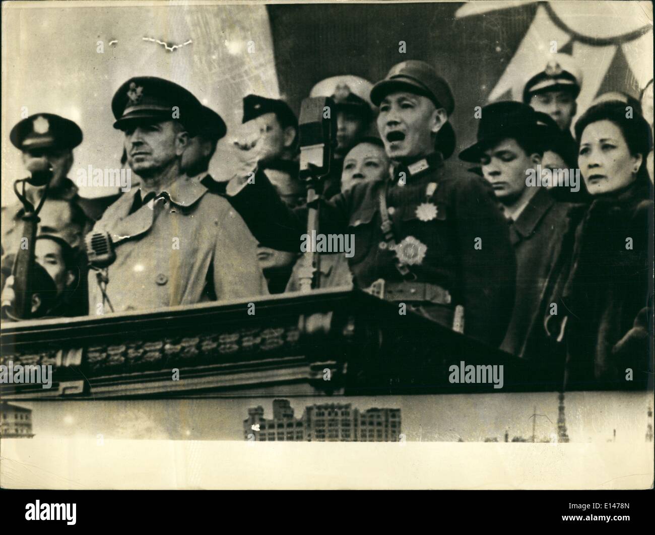 Apr. 16, 2012 - General Chang Kai Shek is speaking to an enthusiastic crowd after his return from Shanghai were he had been since the Japanese occupation in 1937. Louison Bobet & Jo Velly With Poulidor At Start of Paris-Nice Race Stock Photo