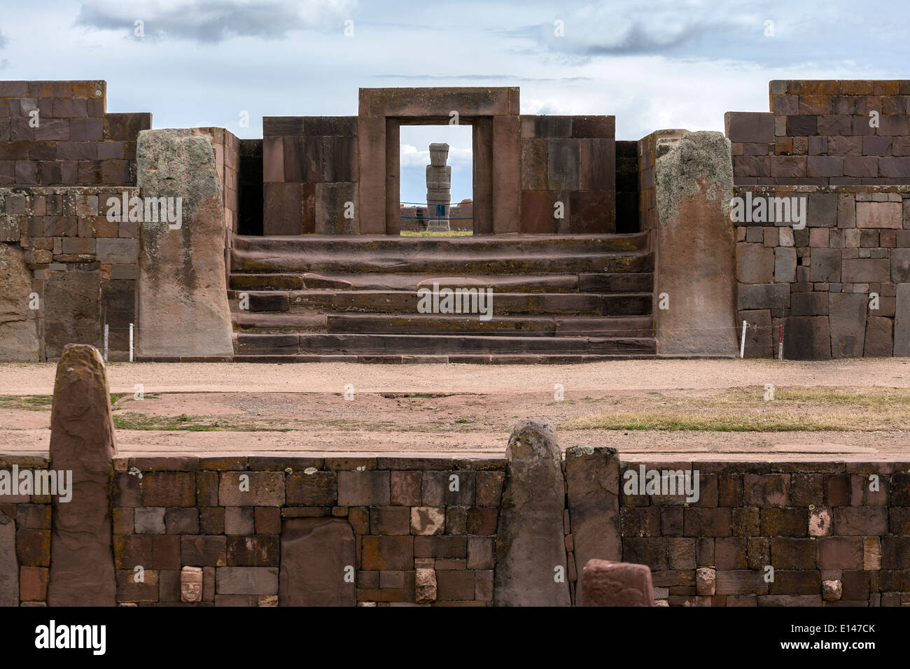 Kalasasaya Temple and Ponce monolith. Tiwuanaku Archaeological site. Bolivia Stock Photo