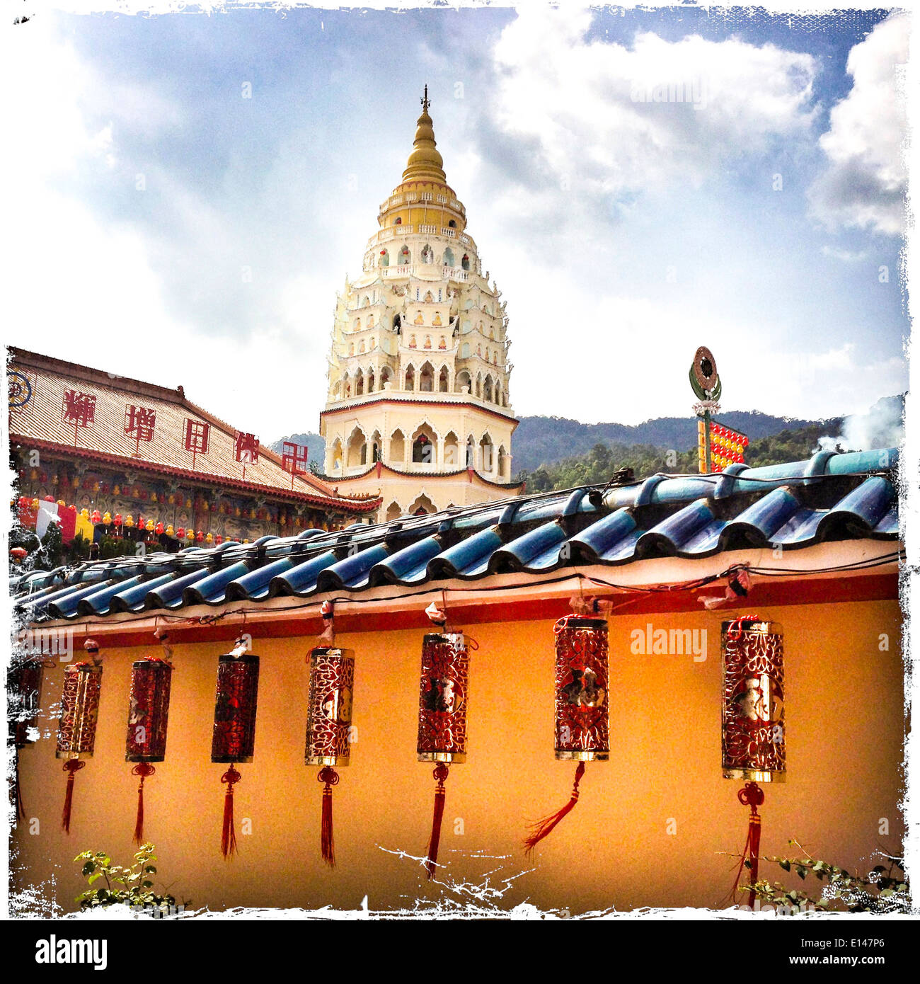Keh Lok Si temple under blue sky, Penang, Malaysia - Smartphone Captured Stock Image