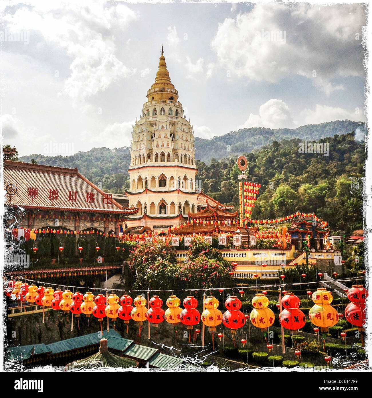 Keh Lok Si temple and village decorated for Chinese New Year, Penang, Malaysia - Smartphone Captured Stock Image
