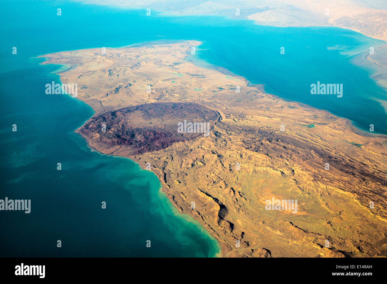 United Arab Emirates, Dubai, View on coastline of south Iran near Persian or Arabian Gulf. Aerial Stock Photo