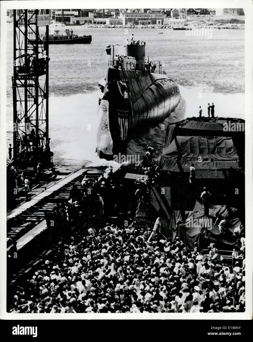 Apr. 17, 2012 - Going, Going, Gone: The USS Triton (SSR(N)-586,), Largest United States Submarine, slides down the ways into the thames river at Groton, connecticut, during launching ceremonies August 19,1958. The Triton is powered by two Atomic REactors, It Measures 447 Feet in Length and has a 5,900 ton Displacement. Stock Photo