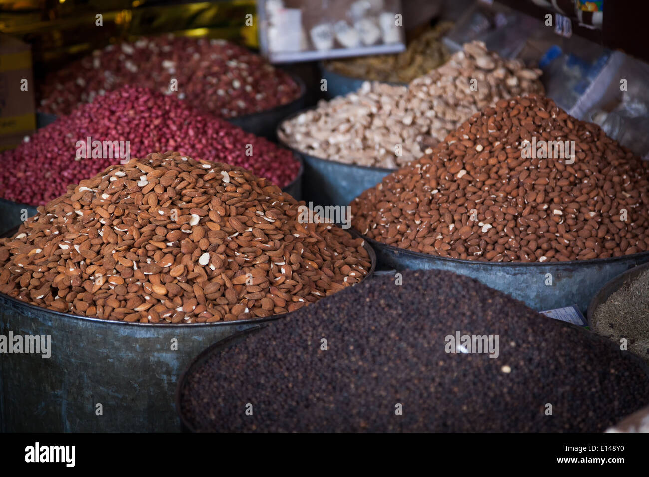 Souks of Marrakech, Morocco; dried fruit store Stock Photo