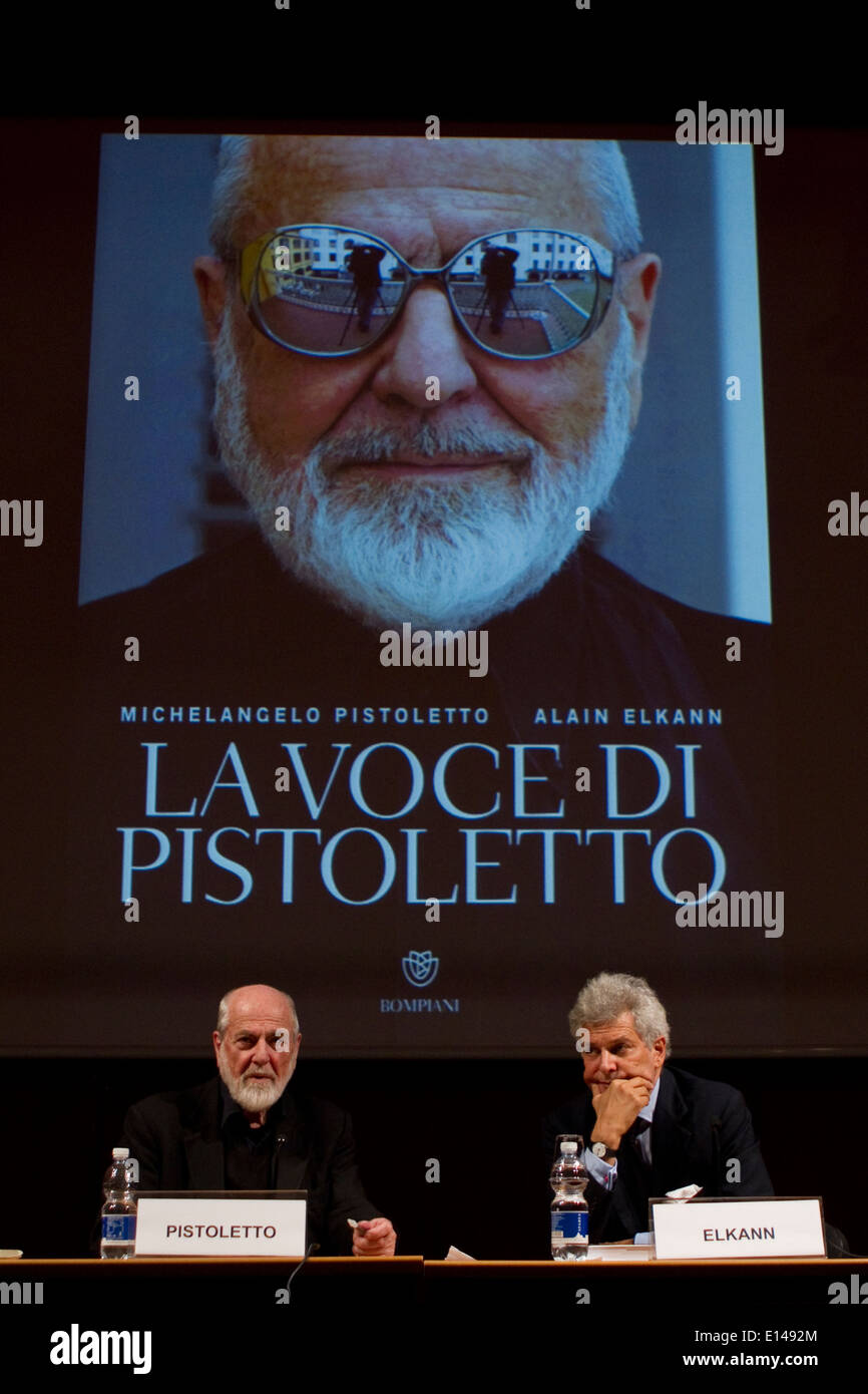 Italian artist Michelangelo Pistoletto (left) presents a book about himself with writer Alain Elkann (right). Stock Photo