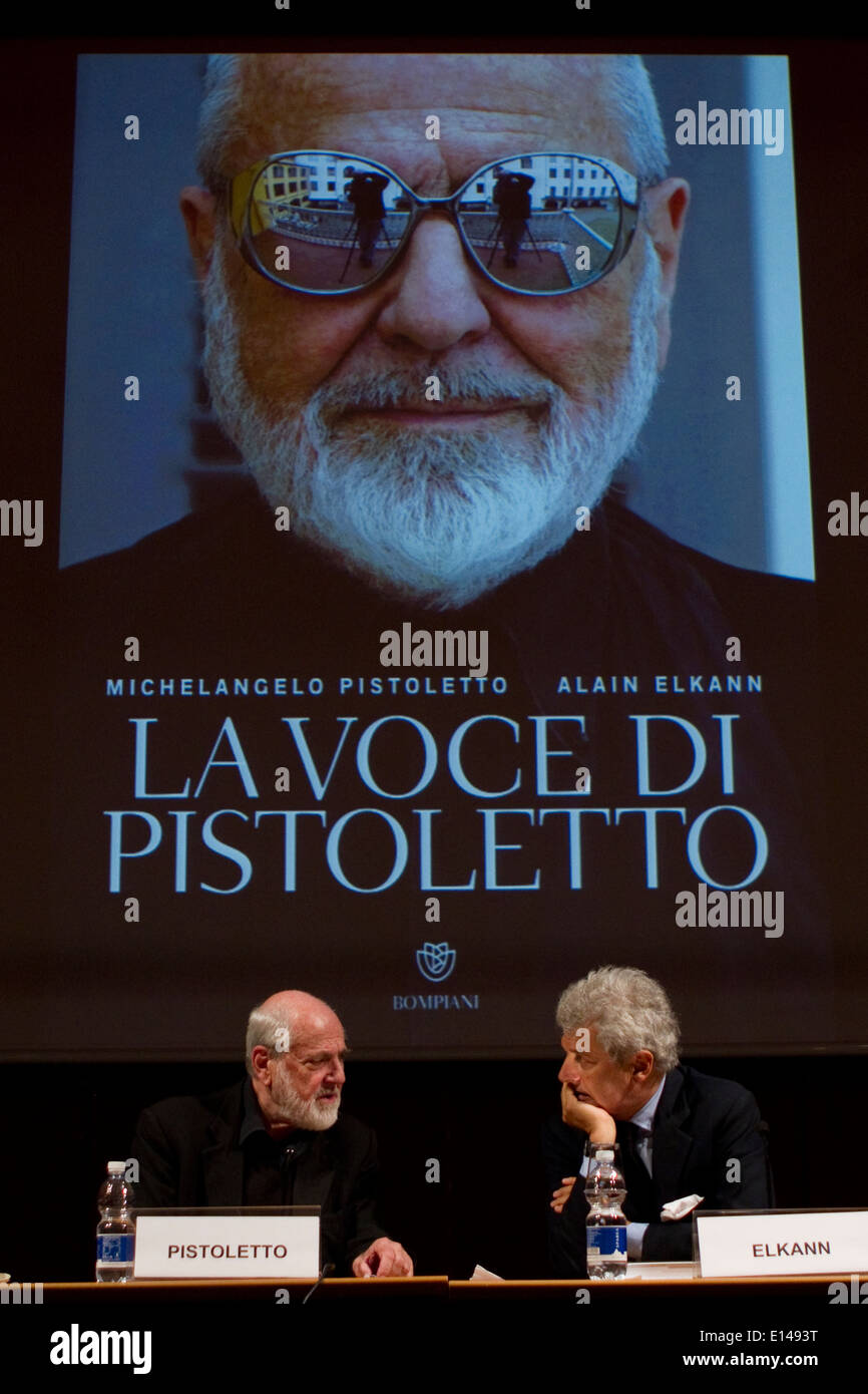 Italian artist Michelangelo Pistoletto (left) presents a book about himself with writer Alain Elkann (right). Stock Photo