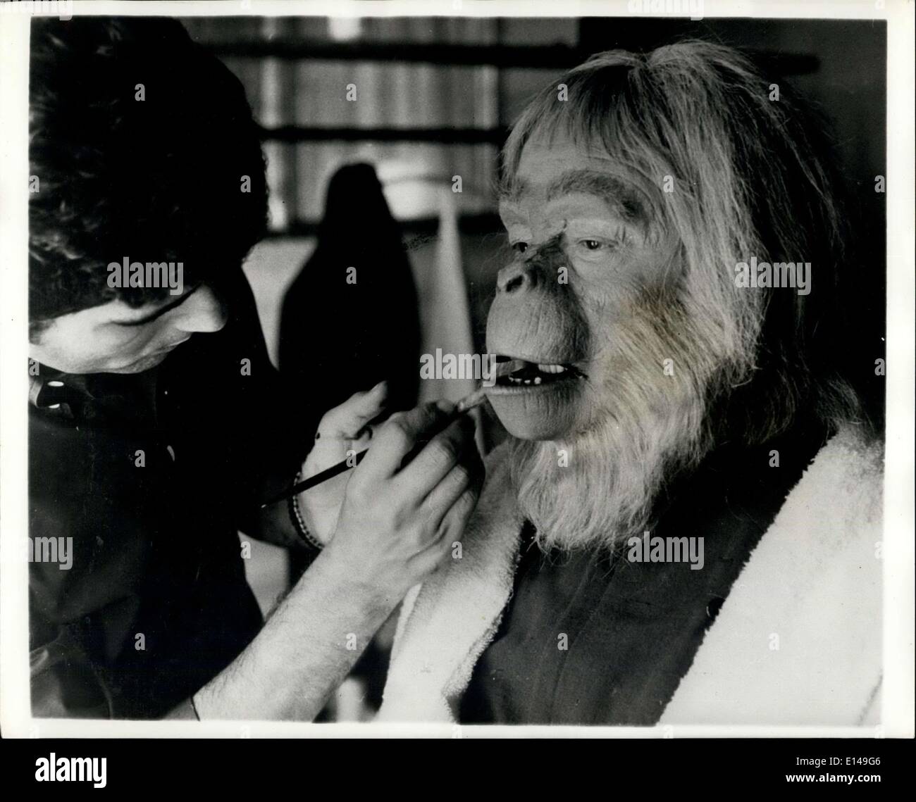 Apr. 17, 2012 - Most Challenging Makeup Operation In History: The biggest and most challenging makeup operation in the history of Hollywood is currently underway for a new film called ''Planet of the Apes''. One hundred artists and laboratory men have been given the job of turning out a cast of ape-like beings who inhabit another planet. Faces of the apes are especially difficult to make since they must be pliable and able to express emotion. Experiments have been going on for a year to be ready for the commencement of the -million production Stock Photo