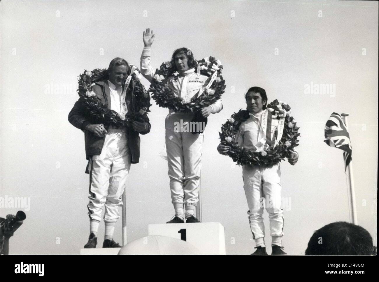 Apr. 17, 2012 - Stewart Wins Japan Grand Prix. World Champion Jackie Stewart of Scotland led from the start of the 300-kilometre Japan Grand Prix over 50 laps on the Fuji Speedway at the foot of Mount Fuji to win the classic in his 1,800cc Brabham BT 30 at an average speed of 193.514 Km/h, beating the 16 drivers in the race, to win ,600 of the 0,000 prize money. Max Stewart of Australia was second, and Kuniomi Nagamatsu of Japan was third Stock Photo