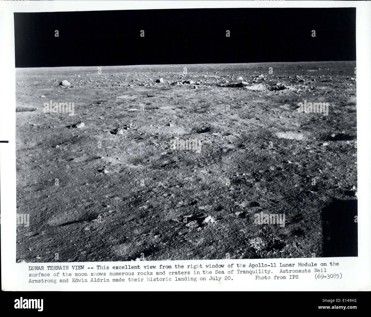 Apr. 17, 2012 - Lunar Terrain View: This excellent view from the right window of the Apollo-11 Lunar Module on the surface of the moon shows numerous rocks and craters in the Sea of Tranquility. Astronauts Neil Armstrong and Edwin Aldrin made their historic landing on July 20. Stock Photo