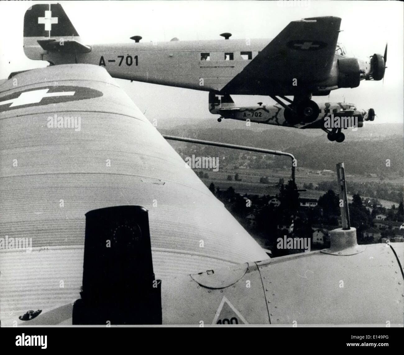 Apr. 17, 2012 - The Swiss Airforce Takes To the Air 50 year ago the first ''Junkers'' aircraft took off at the German aircraft factory in Dessau. Today, these three remaining ''Ju 52's'' which are used as carrier planes to transport members of the Swiss Army. Are in danger of ending up in the junk yard if the government have their way, as they say the planes are now past their best-but the army wants to keep them in service. Stock Photo