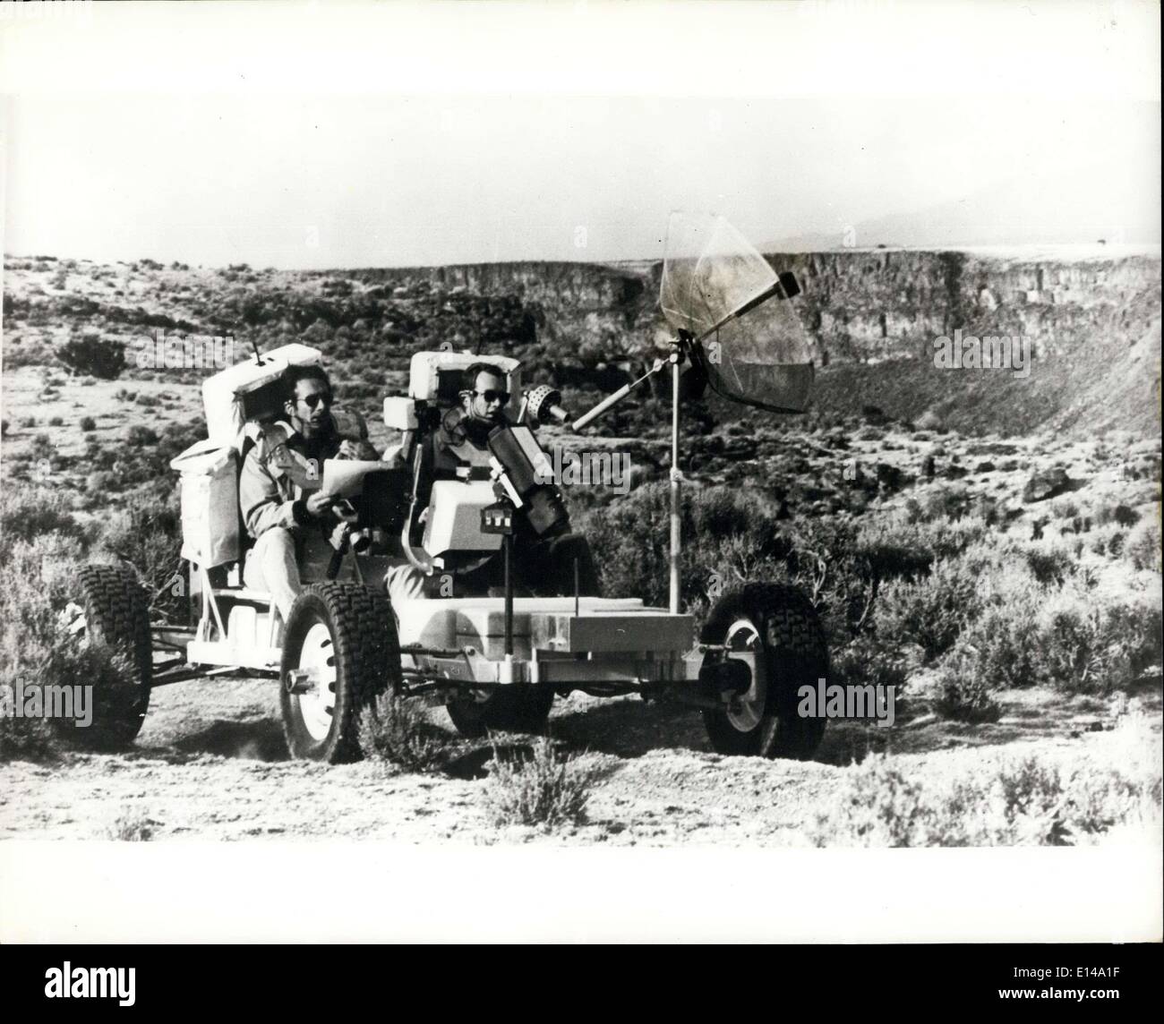 Apr. 17, 2012 - Buggy ride on the moon: James B. Irwin (left) and David R. Scott, Apollo 15 astronauts, try out a vehicle similar to the lunar roving vehicle called the ''Grover'', during a training session at the Rio Grande Gorge, Taos, New Mexico, on geological features expected to be similar to the Hadley Appenine area of the moon, where they are expected to land in late July. Stock Photo