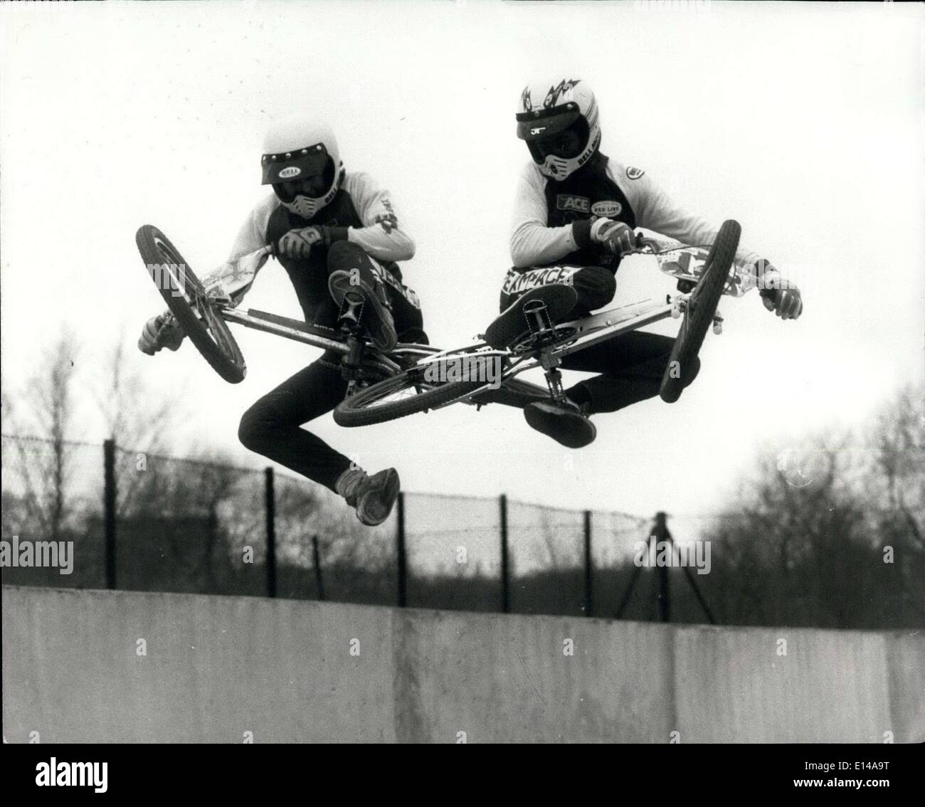 Apr. 17, 2012 - BMX Takes Off! They fly through the air with the greatest of ease, these magnificient men and their flying machines-except in this case the machines have no wings and two wheels and are usually a strictly earch-bound form of transport. But When Team Ace get a stride their saddles, you'll belive a bike can fly, BMX shorthand for Bicycle, Motocross, is the latest craze to cross the Atlantic. This action-packed thrill-a-minute sport makes frisbeas, skateboards, and rollerskates look dulll by comparison. It's a serious sport which is gaining momentum fast Stock Photo