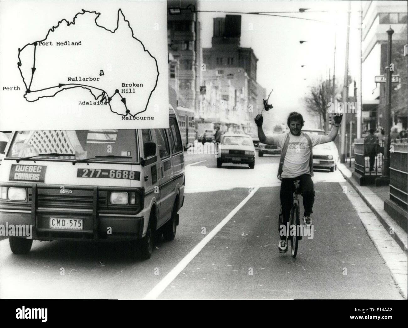 Apr. 17, 2012 - 6237,98 km on bike with only one wheel: In only 52 days the Swiss baker Hanspeter Beck who is living in Australia drove from Port Hedland to Melbourne with a one wheel-bike recently. Picture Hanspeter Beck after his 6237,98 km adventure arriving in Melbourne. Stock Photo