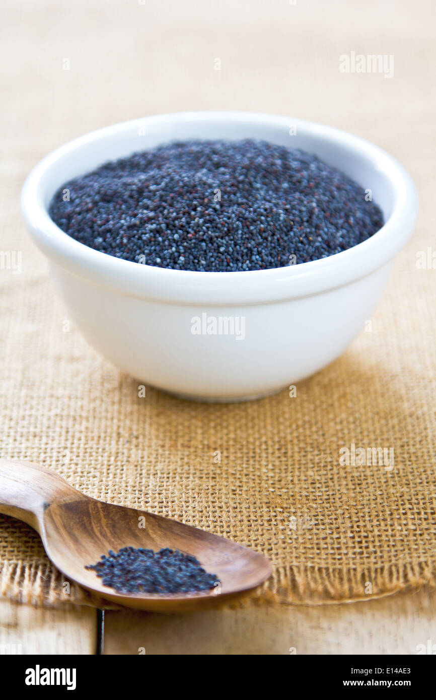 Blue seal Poppy seeds in a white bowl Stock Photo Alamy