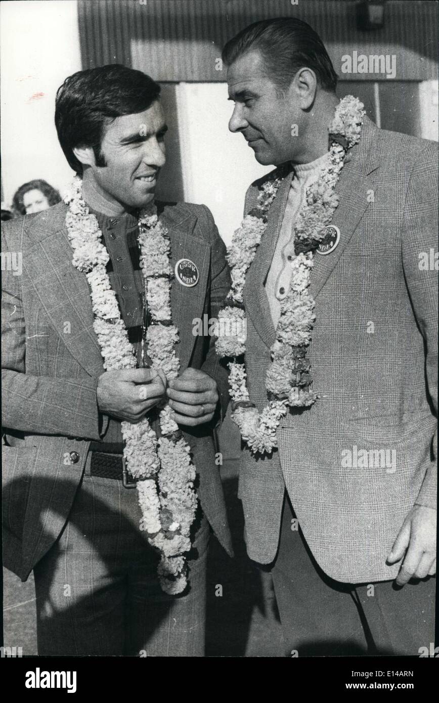 Apr. 17, 2012 - A 29-member Soviet delegation consisting of professors, intectuals, sportsmen and artists arrived in New Delhi on Thursday November 1st, 1973 Our Photo shows Matrevelli, Russian Tennis Star (left) talking to the world famous Football Custodian Lev Yashin soon after their arrival at Palam airport in New Delhi. Stock Photo