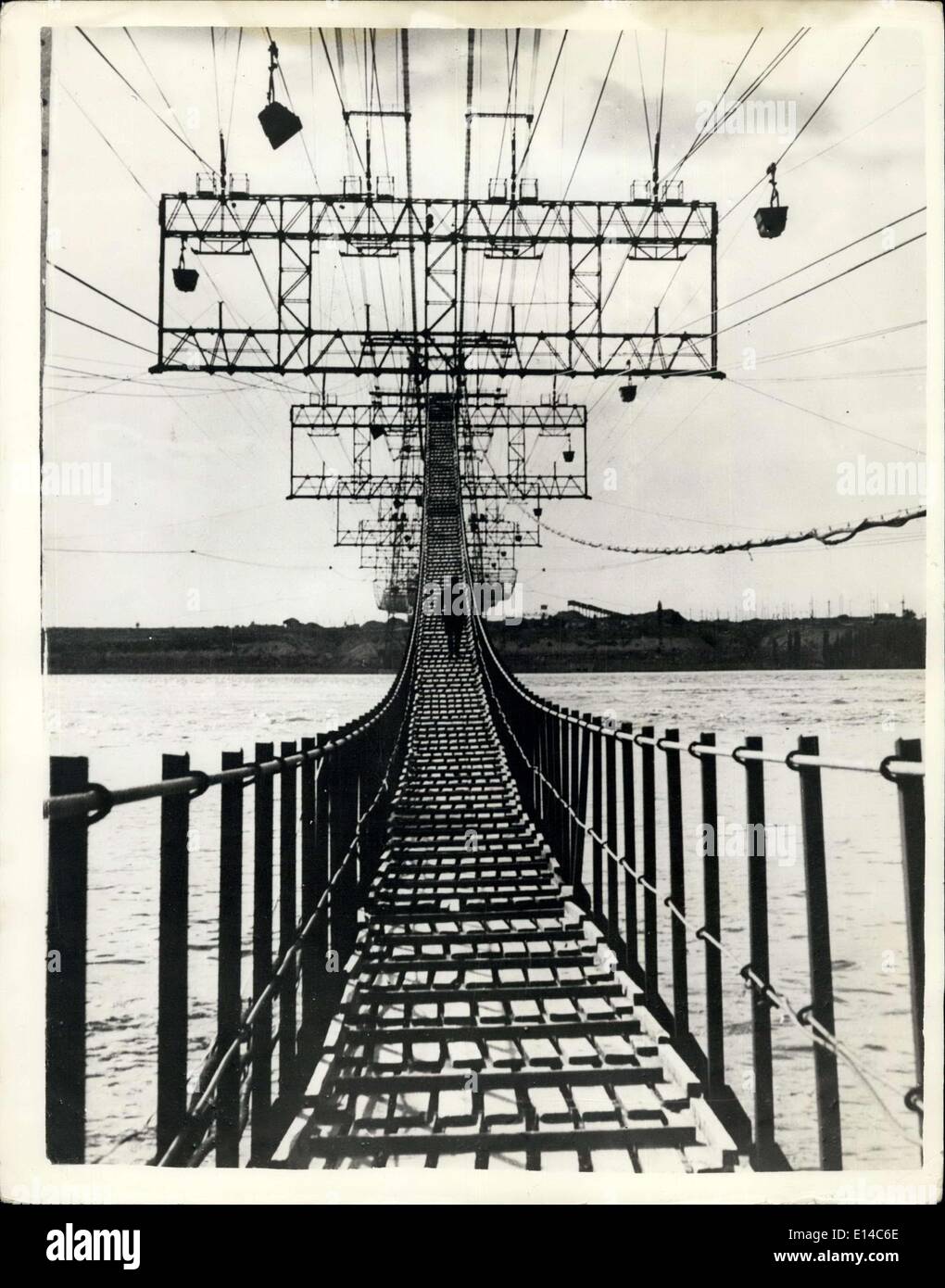 Apr. 17, 2012 - The industrious Soviet Union.. Cable-way across the Volga.. View of the huge cableway which has been constructed across River Volga at the site of the Stalingrad Hydro-electric Station Stock Photo
