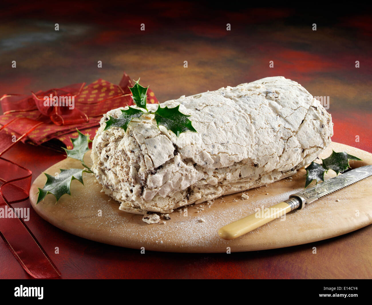 Chocolate meringue Holiday Yule log Stock Photo Alamy
