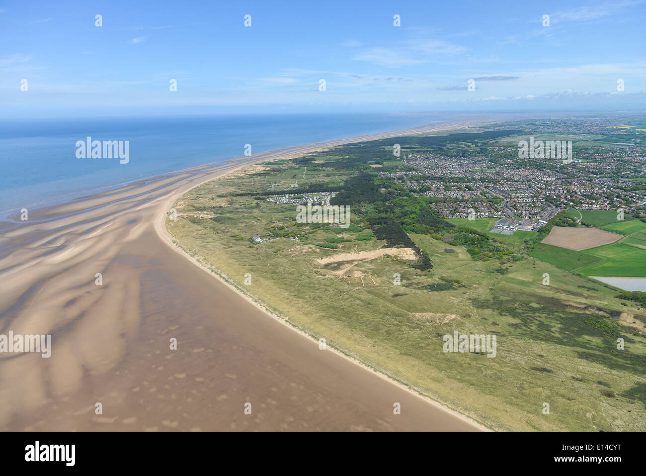An aerial view looking North up the coast of Lancashire with part of Formby visible. Stock Photo