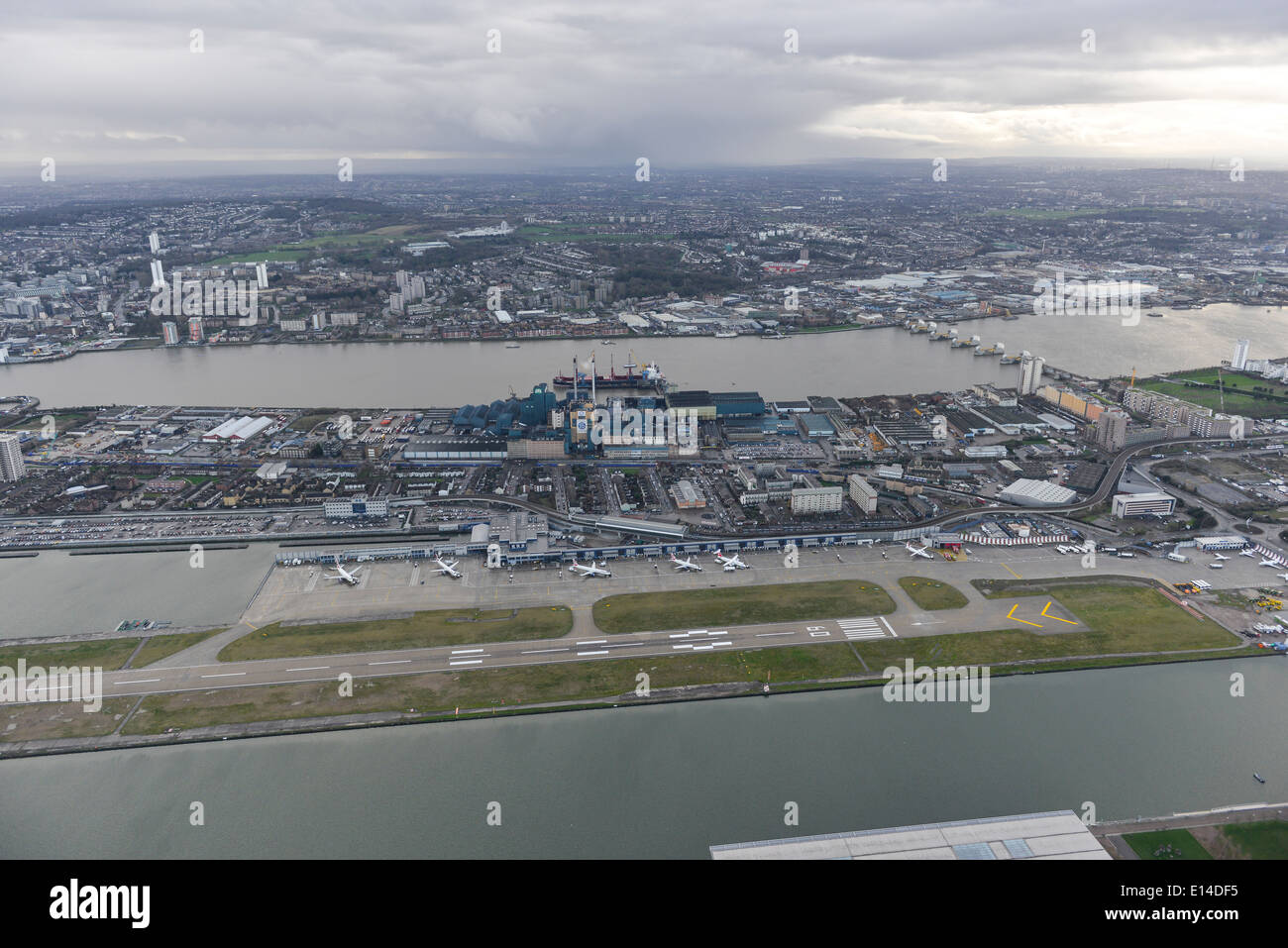 An aerial view of London City Airport in the East End of London UK Stock Photo
