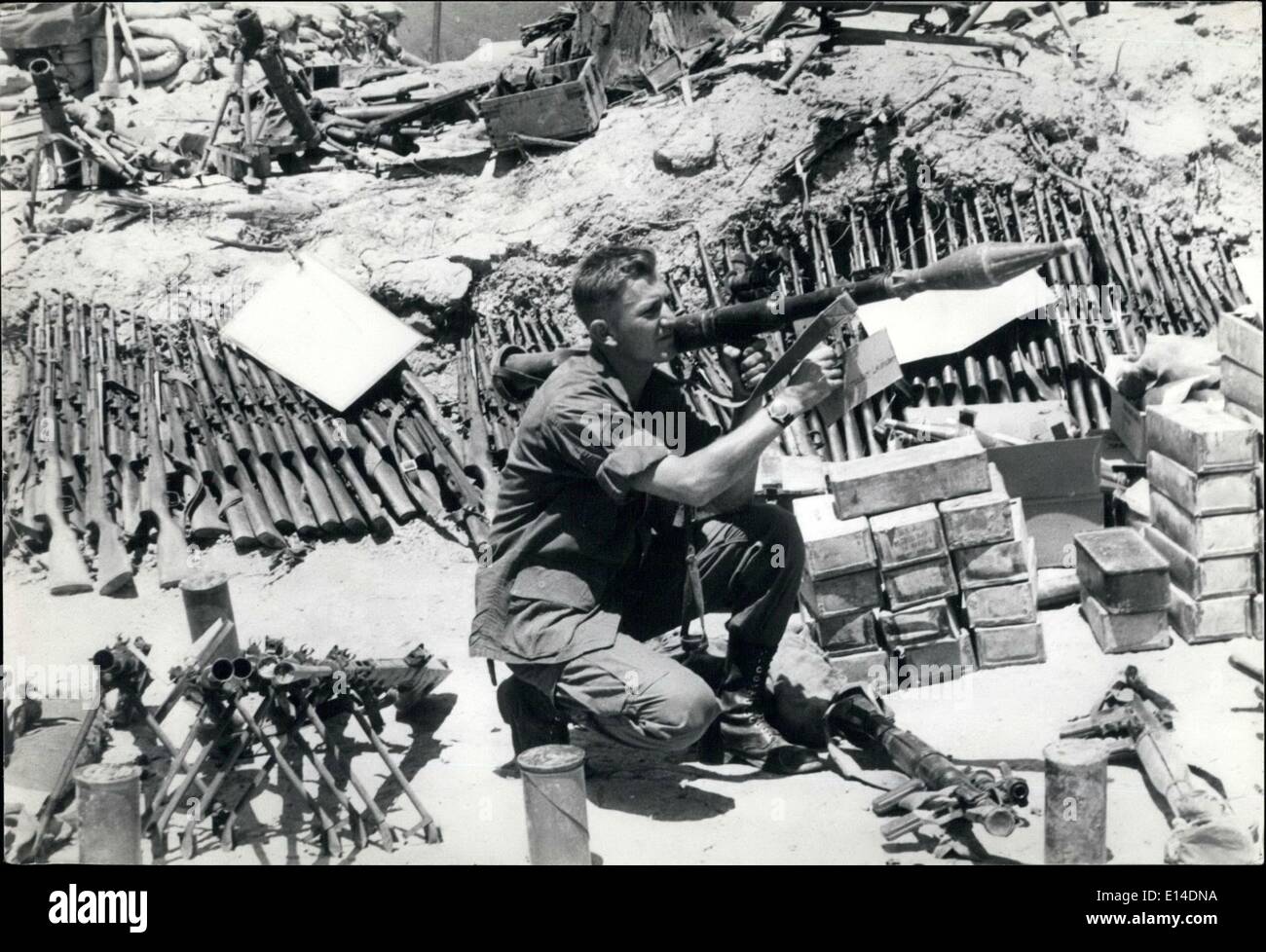 Apr. 18, 2012 - Big arms capture in Vietnam: Part of a large weapons cache captured by en of he US 327th Infantry Regiment. 101st Airborne Division during a sweep against North Vietnamese led by Lt. Col. ''Charging'' Charlie Beckwith, a battalion commander. Stock Photo