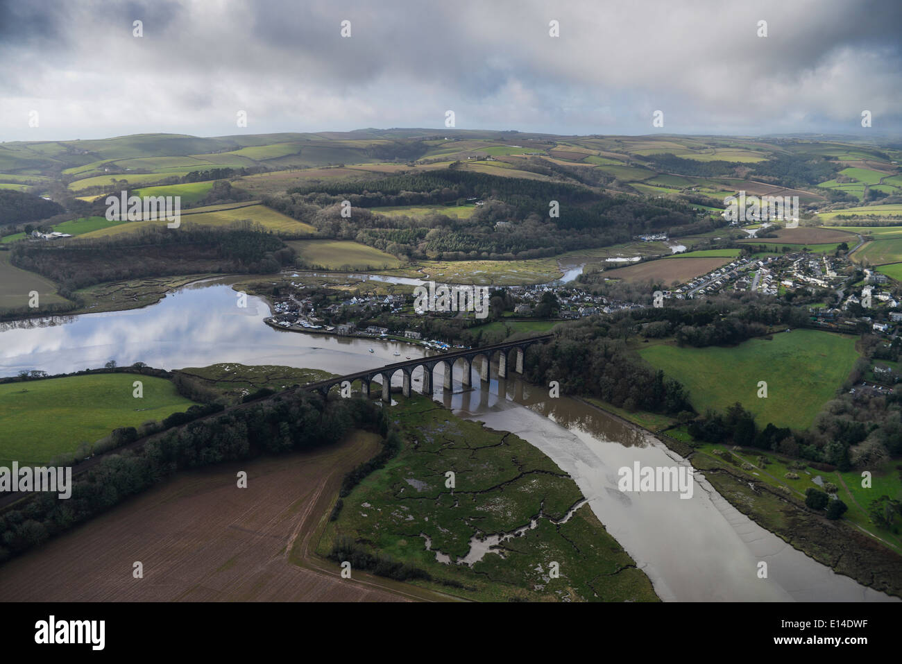 An aerial view of St Germans in Cornwall showing the viaduct over the River Lynher Stock Photo