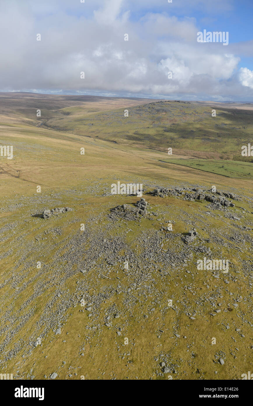 An aerial photograph low over Dartmoor on a sunny winter's day Stock Photo