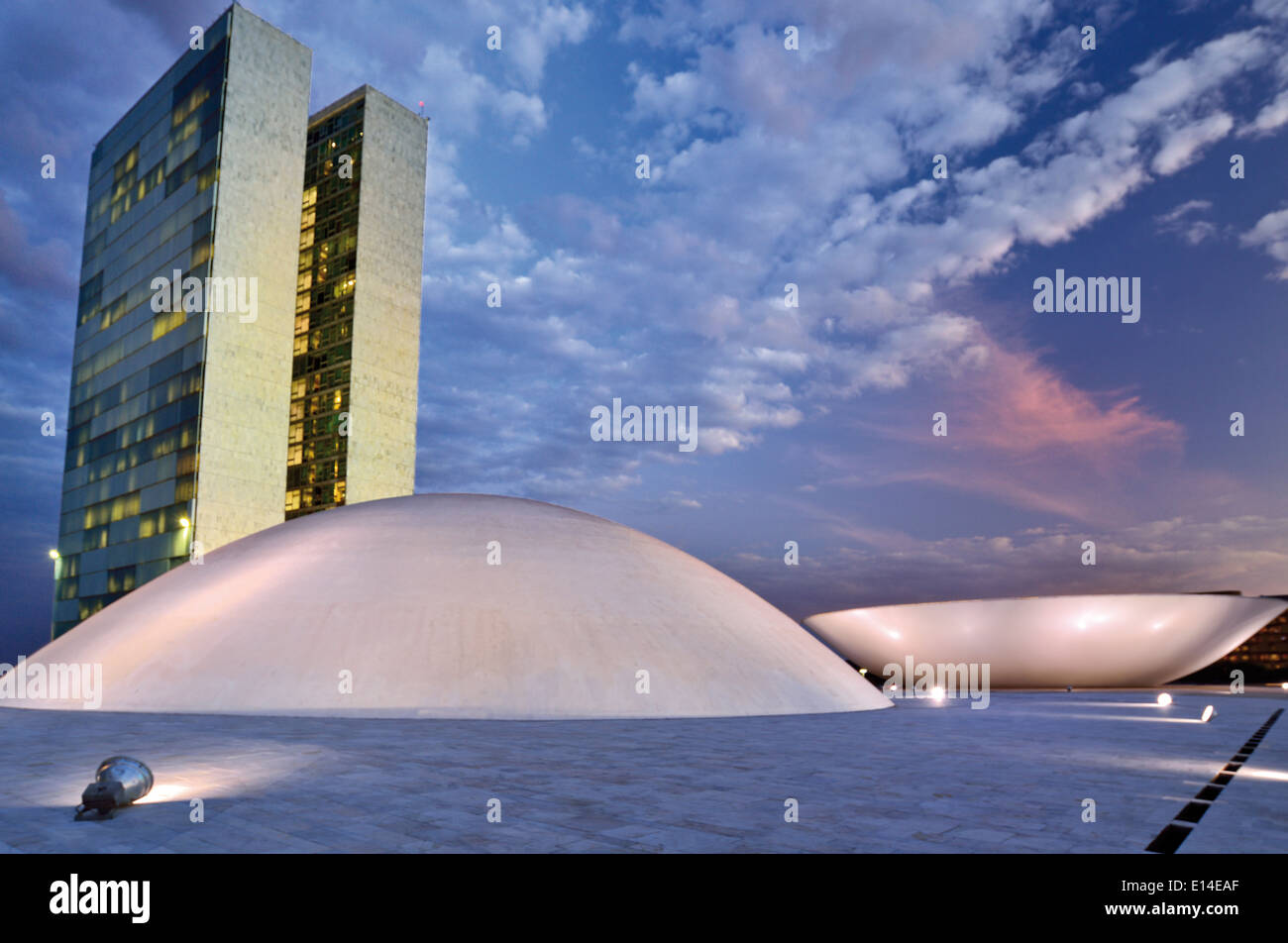 Brazil, Brasilia: Roof perspective of the National Congress at night Stock Photo