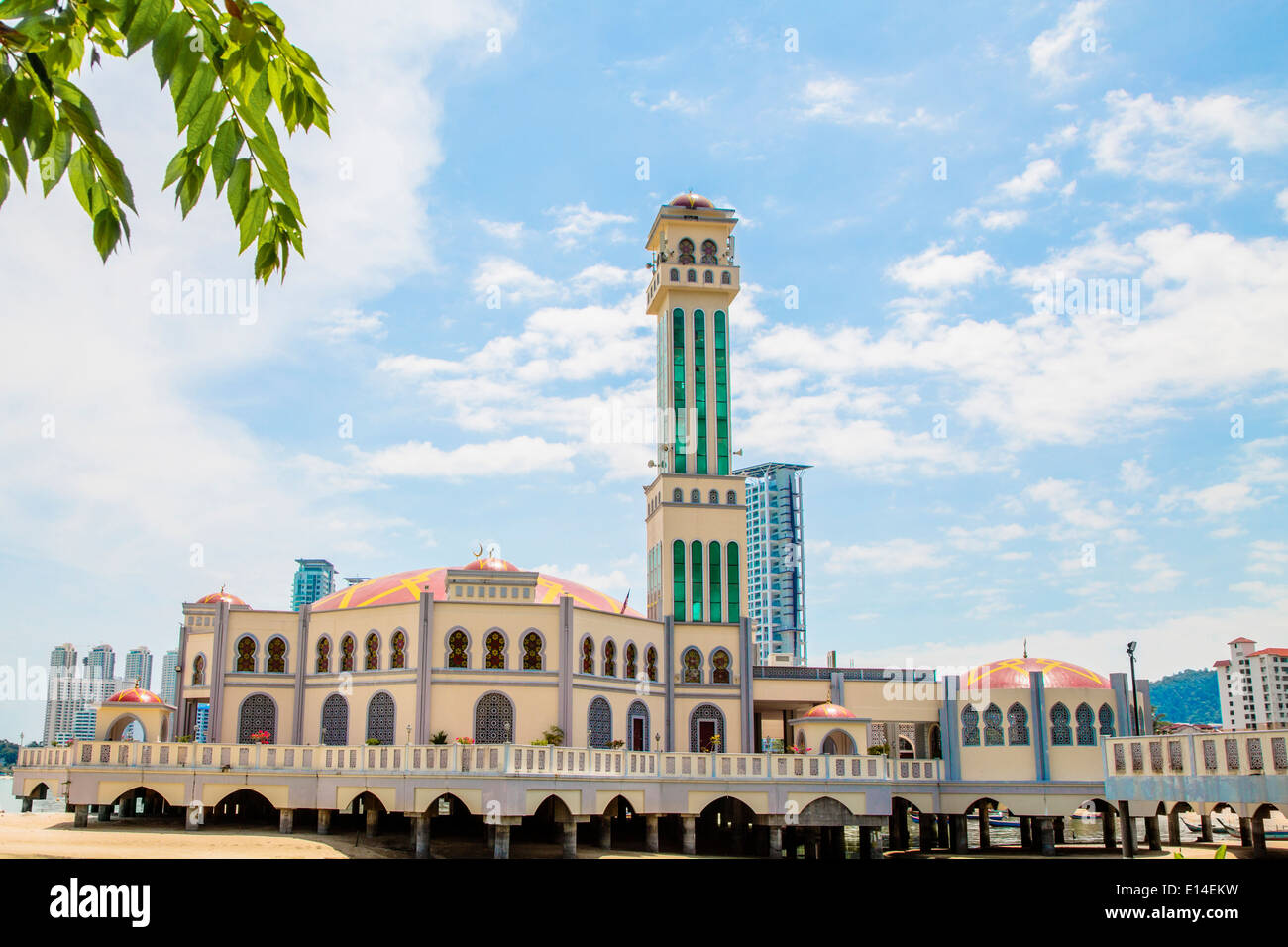 Floating Mosque under blue sky, Tanjung Bungah, Penang, Malaysia Stock