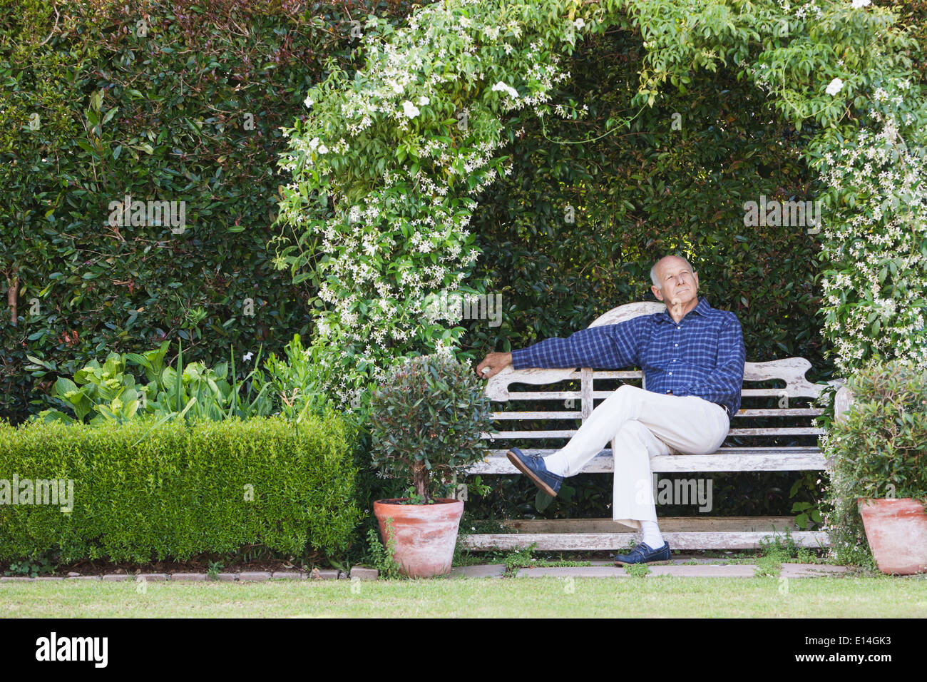 Senior Caucasian man sitting on garden bench Stock Photo - Alamy