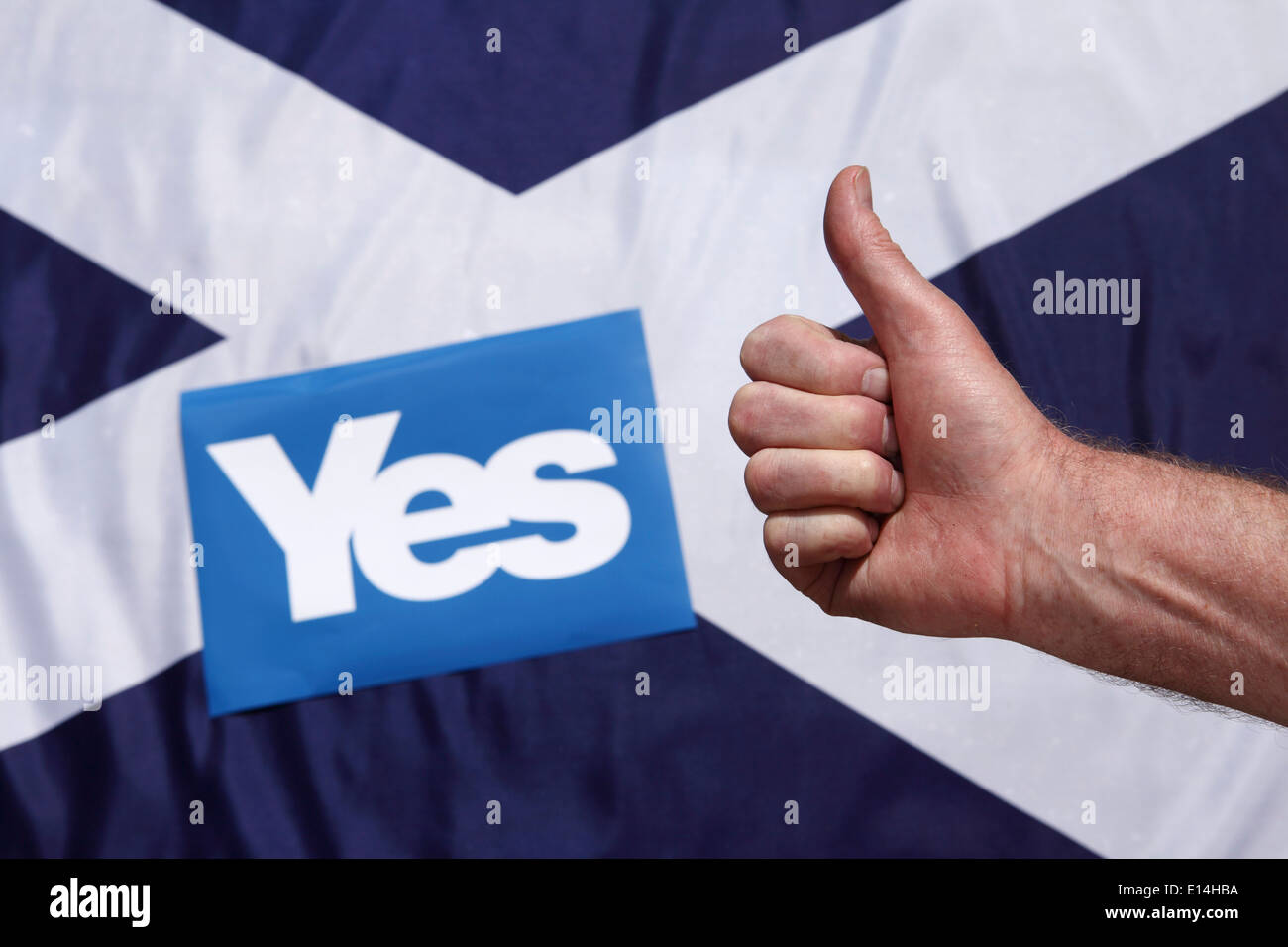 A thumbs up sign in front of a Scottish Saltire flag and yes sign. Stock Photo