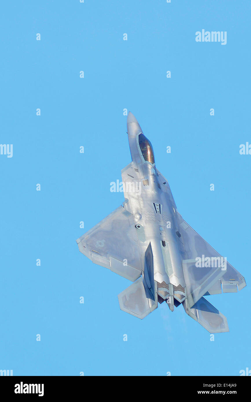 A US Air Force F22 Raptor stealth fighter aircraft during an aerial demonstration May 21, 2014