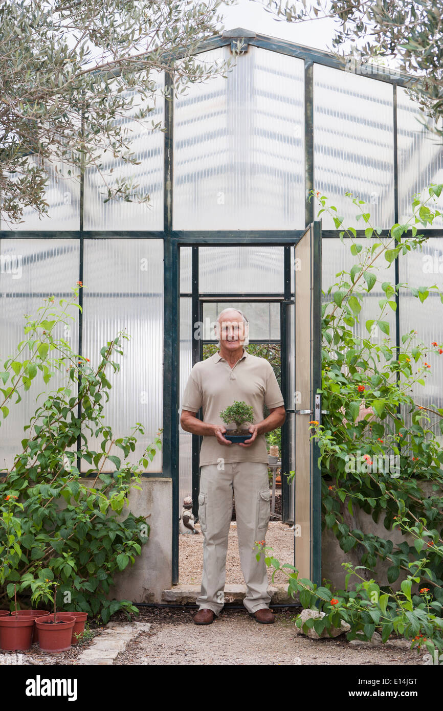 Man holding plants in greenhouse Stock Photo - Alamy
