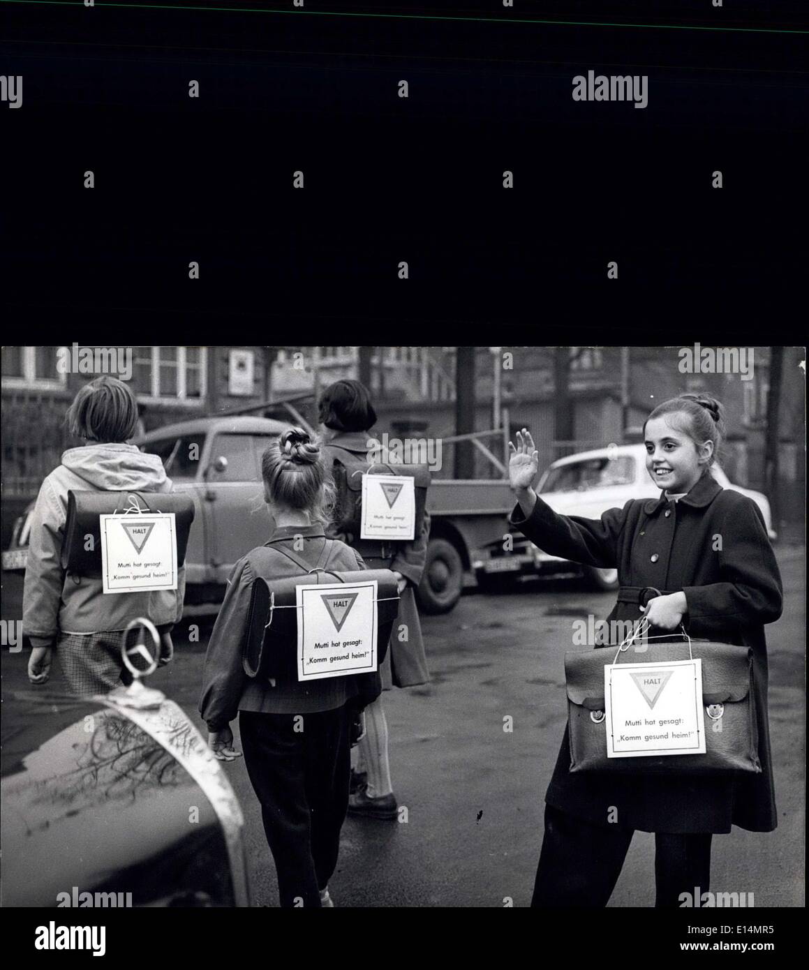 Apr. 05, 2012 - Safety ions for children: In order to get drivers to be more careful in future of stall school children instuttgart a policeman has had made these signs for the children. It reads ''Stop, mother told me come home alright.'' First tests with these signs owed that the drivers really stop when seeing their picured children. Some school authorities have already taken up the idea of the Stuttgart policeman and want to have more signs printed. Stock Photo