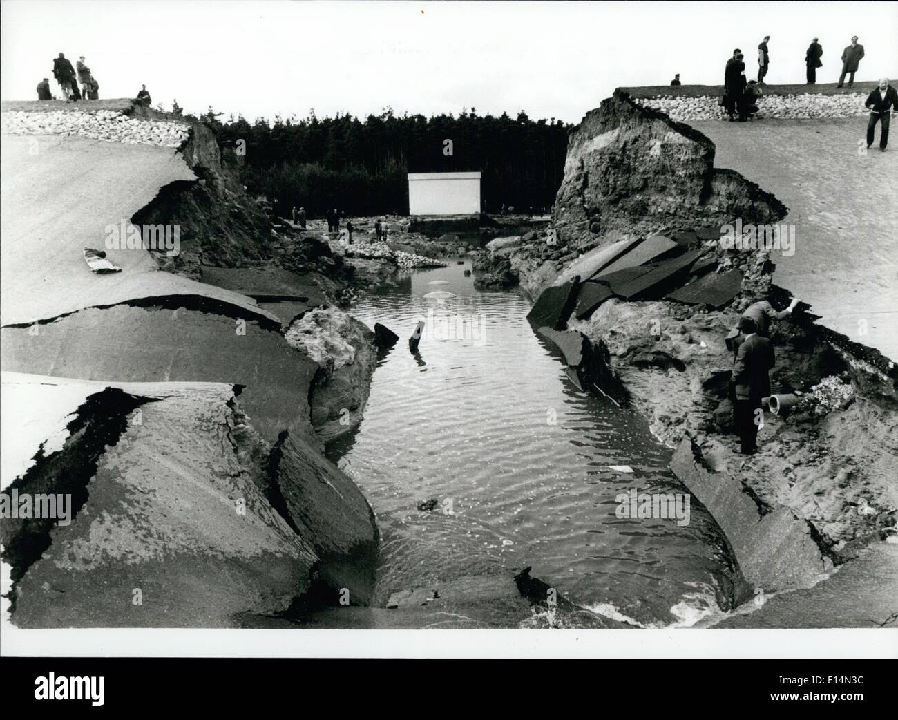 Apr. 18, 2012 - Dam of the Europe Channel is Broken.: In the Southern part on Nuremberg, Katzwang is at the afternoon of March the 26th 1979 a part of the new built Rhein-Main-Donsu-channel borken. The official boards released catastrophe-alarm. About 8 to 10 houses in Katzwang where crashed down by the water. After the reports of eyewitnesses the water wave where partially 2 meters high. The site of fracture is after the statement of the police about 10 to 15 metres broad. Altogether 2000 to 3000 person where afflicted by this accident Stock Photo