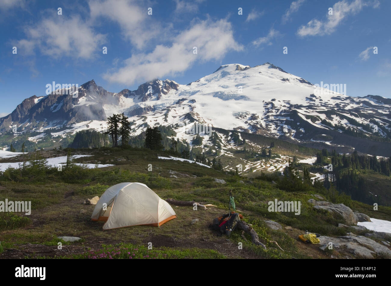 Tent at campsite in rocky mountain range, North Cascades, Washington, United States Stock Photo