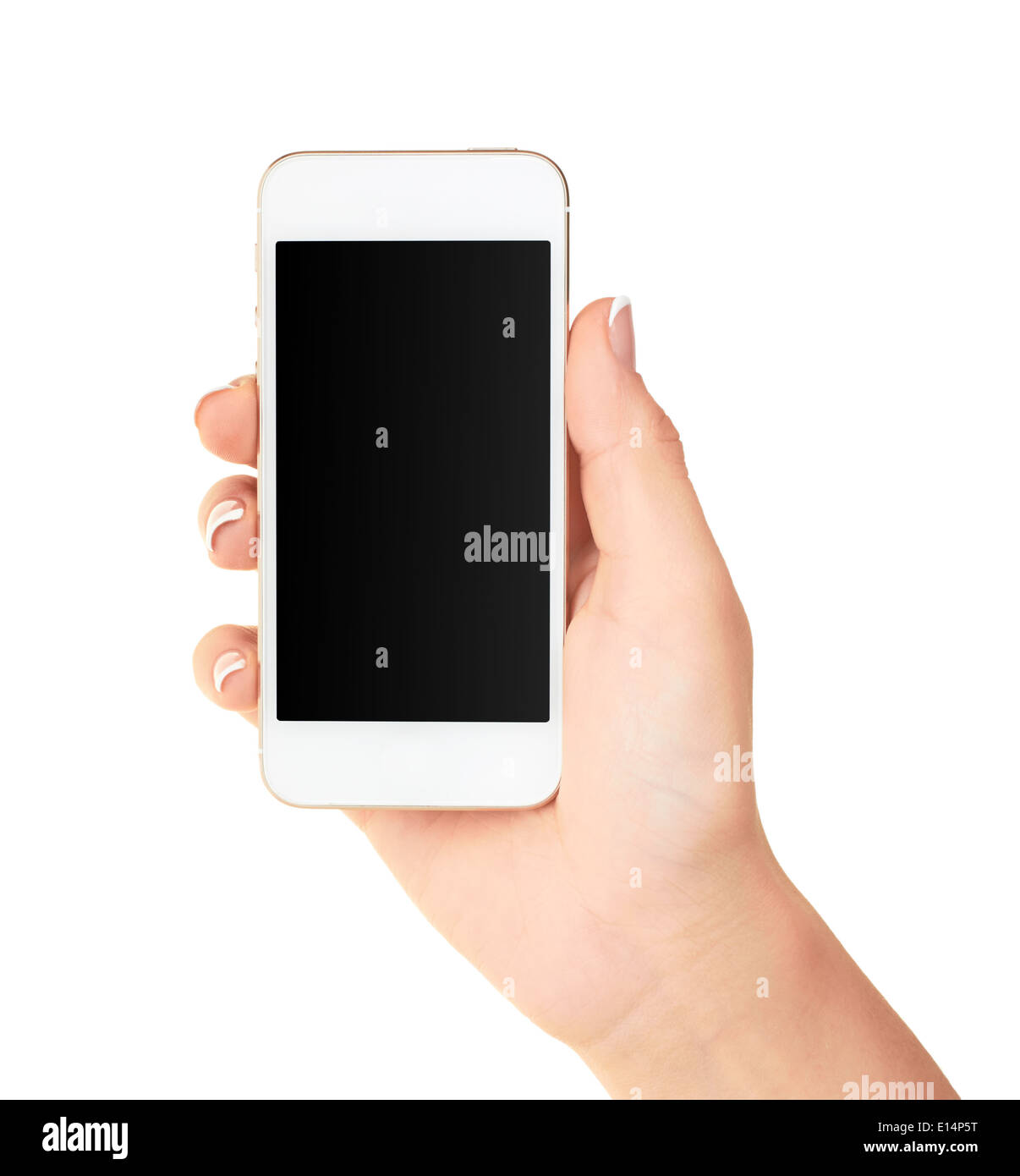 Hand holding mobile smart phone with blank screen, isolated on white ...