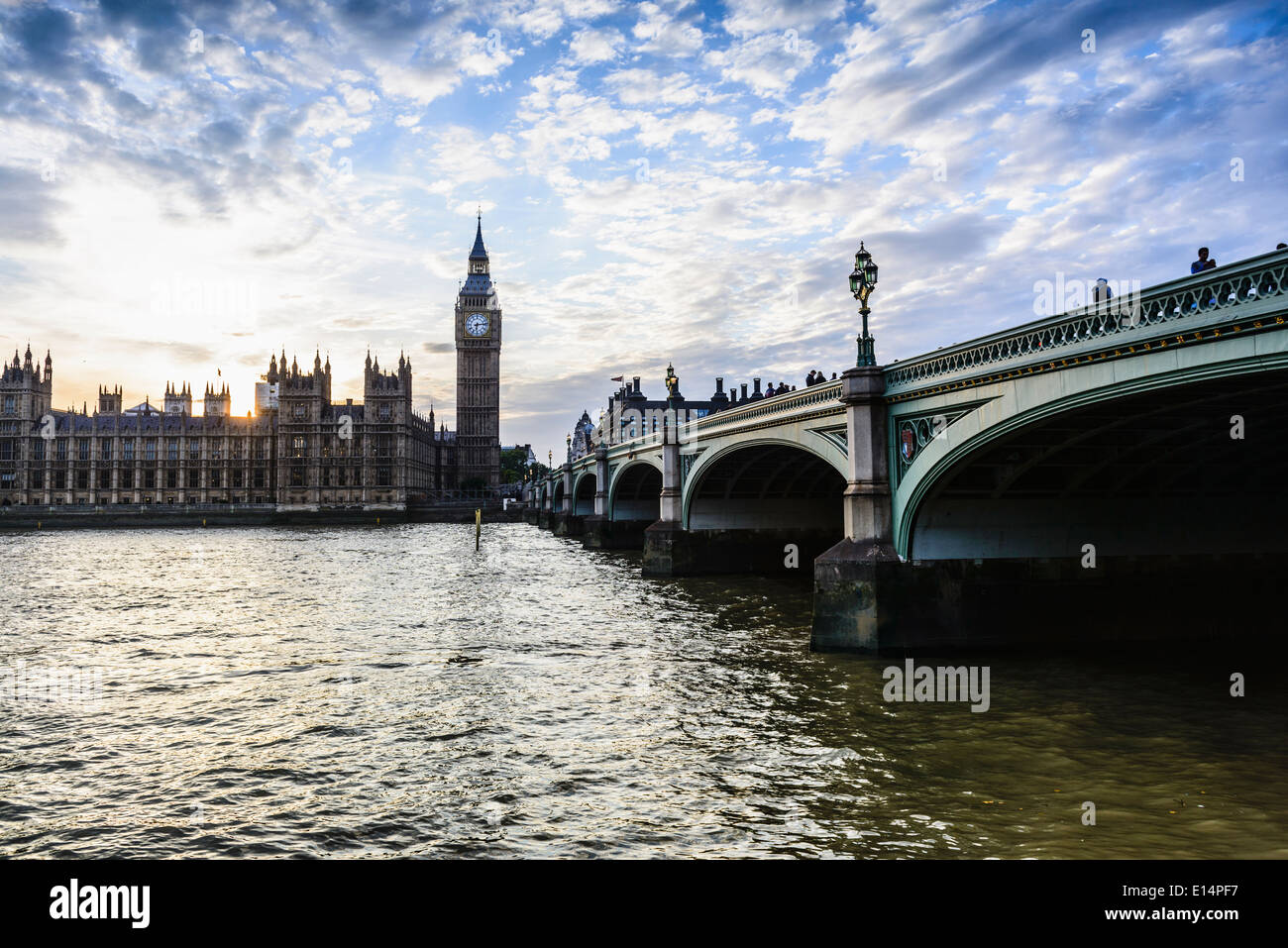 Sun setting over Houses of Parliament, London, United Kingdom Stock Photo